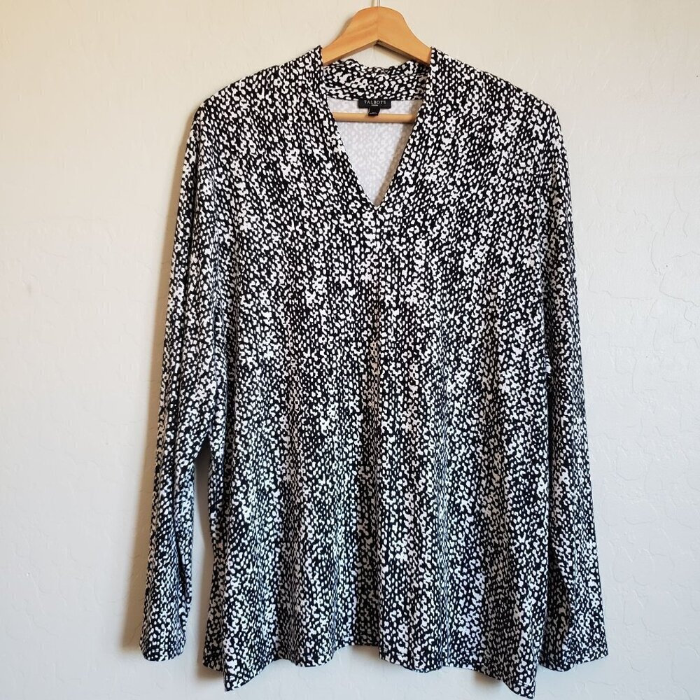 Talbots V-Neck Stretch Jersey Knit Top Black/White Size 2X Geometric Work Career
